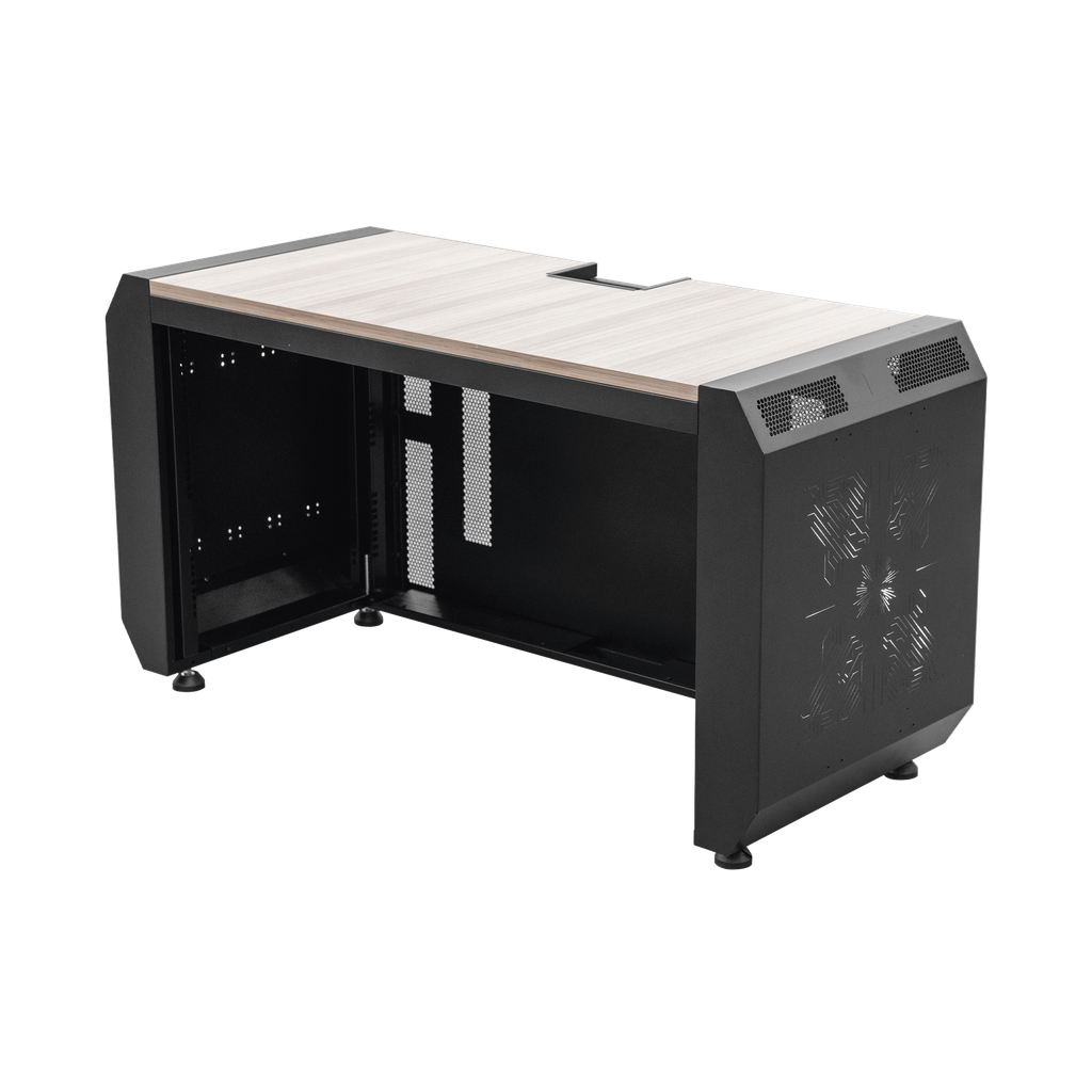 Consola Profesional para Monitoreo o Computo | Ranura para Base de Monitores | Microperforaciones | Luces LED Decorativas | Tomacorriente HTCM1U10C | Tapas Organizadoras de Cables | Niveladores | Rack para Montaje de Equipos | Ranura Pasaca - EPCOM INDUSTRIAL EMS03
