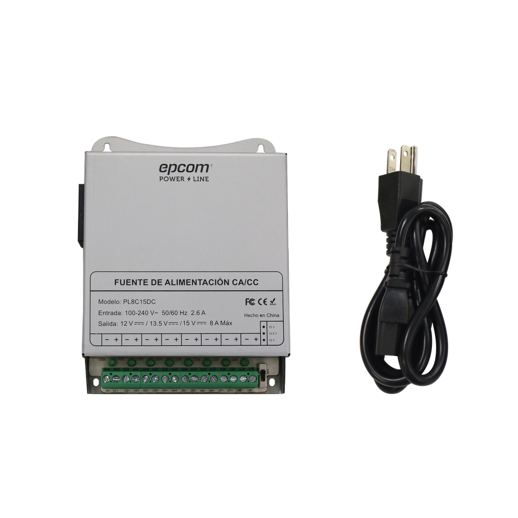 Fuente de Poder Metálica / Para 8 Cámaras / Ajustables a 12 o 13.5 o 15 Vcc / 8 Amperes / Instalación en Pared. - EPCOM POWERLINE PL-8C-15DC