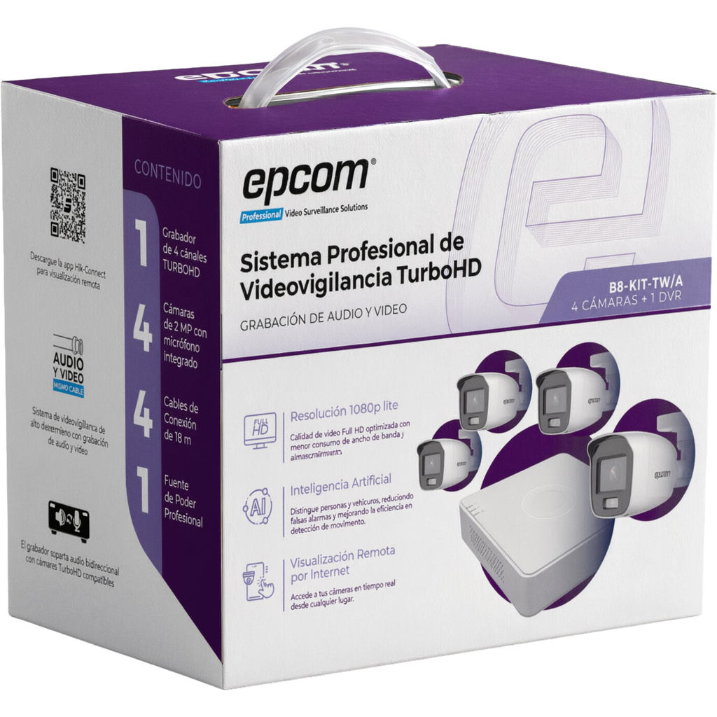 Kit TurboHD 1080p / DVR 4 Canales / 4 Cámaras Bala Dual Light con Microfono Integrado / Fuente de Poder / Accesorios de Instalación - EPCOM PROFESSIONAL B8-KIT-TWA