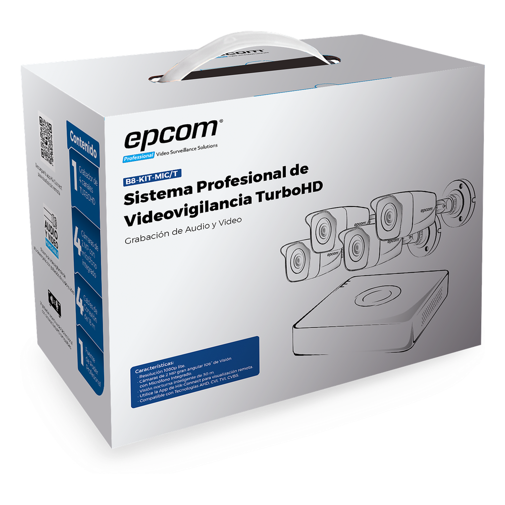 (MICRÍ“FONO Integrado) Kit TurboHD 1080p Lite / DVR 4 canales / Audio por Coaxitron / 4 Cámaras Bala de Metal con Micrófono Integrado - EPCOM PROFESSIONAL B8KITMIC-T