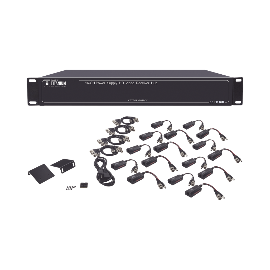 [KITTT16PVTURBOX] Kit de TRANSCEPTOR ACTIVO DE 16 Canales / VIDEO+PODER en un solo Cable UTP / 150m en 4K, 200m en 5 MP/ Envía 36 Vcc y recibe 12 Vcc / TODO INCLUIDO PARA RACK / Compatible con cámaras HD-TVI/CVI/AHD/CVBS / Instalación Limpia - EPCOM TITANIUM KITTT16PVTURBOX