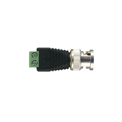 Adaptador de conector BNC macho a 2 terminales-tornillo para cables AWG-26-14, en aplicaciones Video Vigilancia, Niquel/ Oro/  PTFE y PVC.