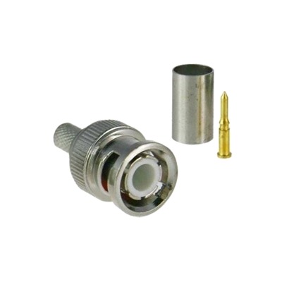 Conector BNC macho para 75 Ohm, de 3 piezas en linea, anillo plegable para cable RG-59/U en aplicacion de CCTV, Niquel/ Oro/ Teflon.