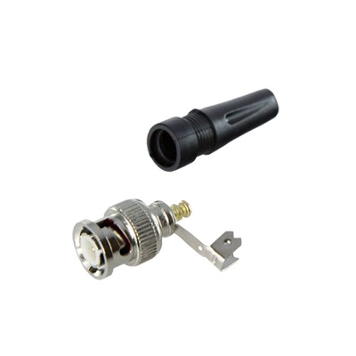 Conector BNC macho en 75 Ohm, para cable coaxial RG-59 / Con base de alivio negra de PVC, Niquel/ Oro/ PTFE.