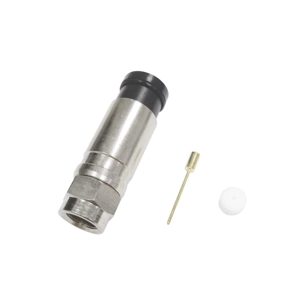 Conector F Macho de Compresion Axial con Borne Negro para instalar en Cable Coaxial RG-11, 75 Ohm, Bronce-Niquelado.