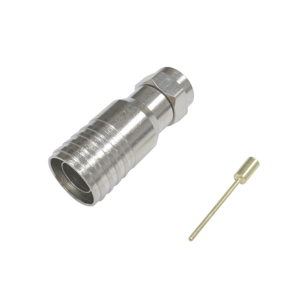 Conector F Macho en 75 Ohm, Plegable para Instalar en Cables Coaxiales RG-11, Cuerpo de Bronce-Niquelado/ Teflon.