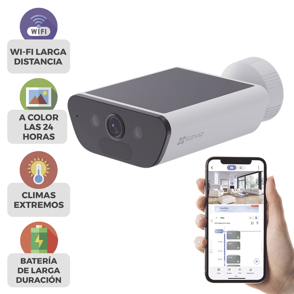 Camara de Bateria con Panel Solar Integrado / 4K Resolucion / WI-FI 6 / Vision Nocturna / Detección Humana y de Vehiculos / Batería de 10400 MAH / IP65 - EZVIZ CS-CB5-4K