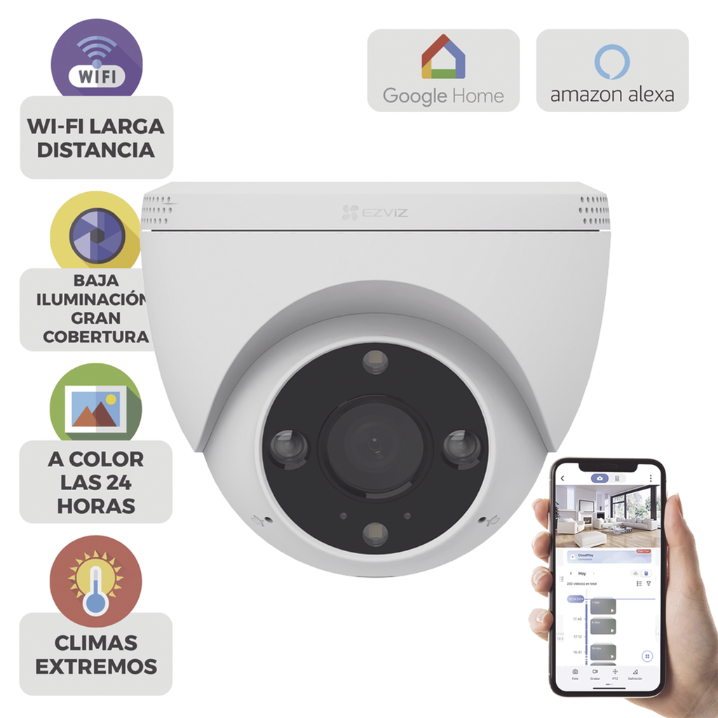 Domo IP 3 Megapíxel (2K) / Wi-Fi / Sirena y Estrobo /Audio de Dos Vías / Detección Humana y Vehiculo / Notificación Push / Audios Personalizables / Ranura Para Memoria hasta 512GB / Uso en Exterior IP67 - EZVIZ CS-H4