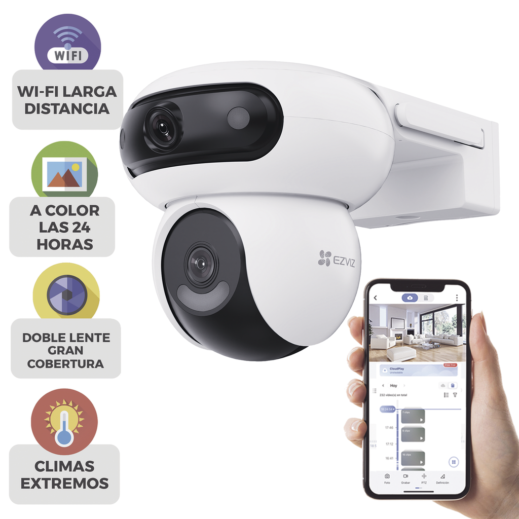 Cámara Doble Lente PT / Rotación en Ambos Lentes / Wi-Fi / 4MP+ y 4MP (Resolución 8 Megapixel ) / Auto Seguimiento Inteligente / Visión Color Nocturna - EZVIZ CS-H90