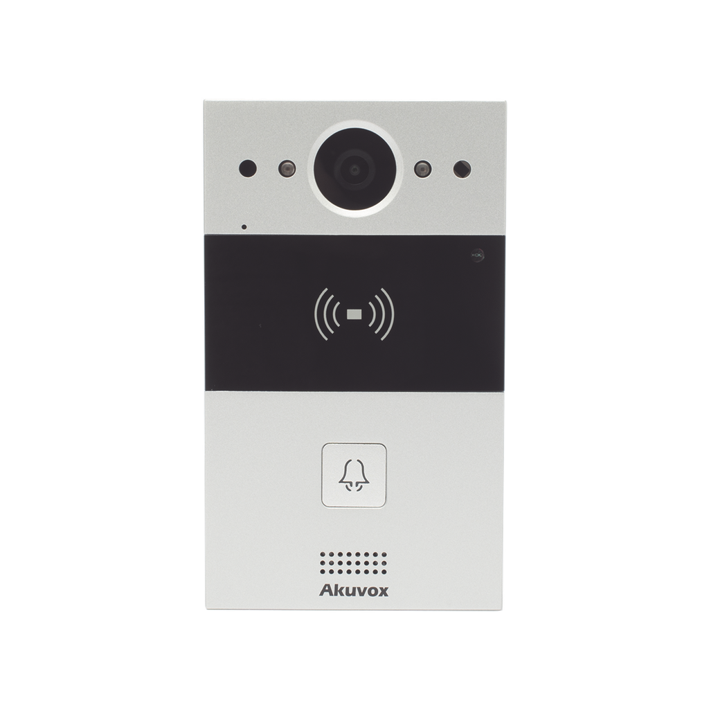 [R20A] Videoportero de 1 Botón / Lector de Tarjetas MIFARE y PROX EM / Notificación a APP / 100% en la Nube / Notificación por Llamada Telefónica / SIP / ONVIF / IP65 / Cámara 2MP / Panel de Aluminio / Control de 2 Puertas - AKUVOX R20A