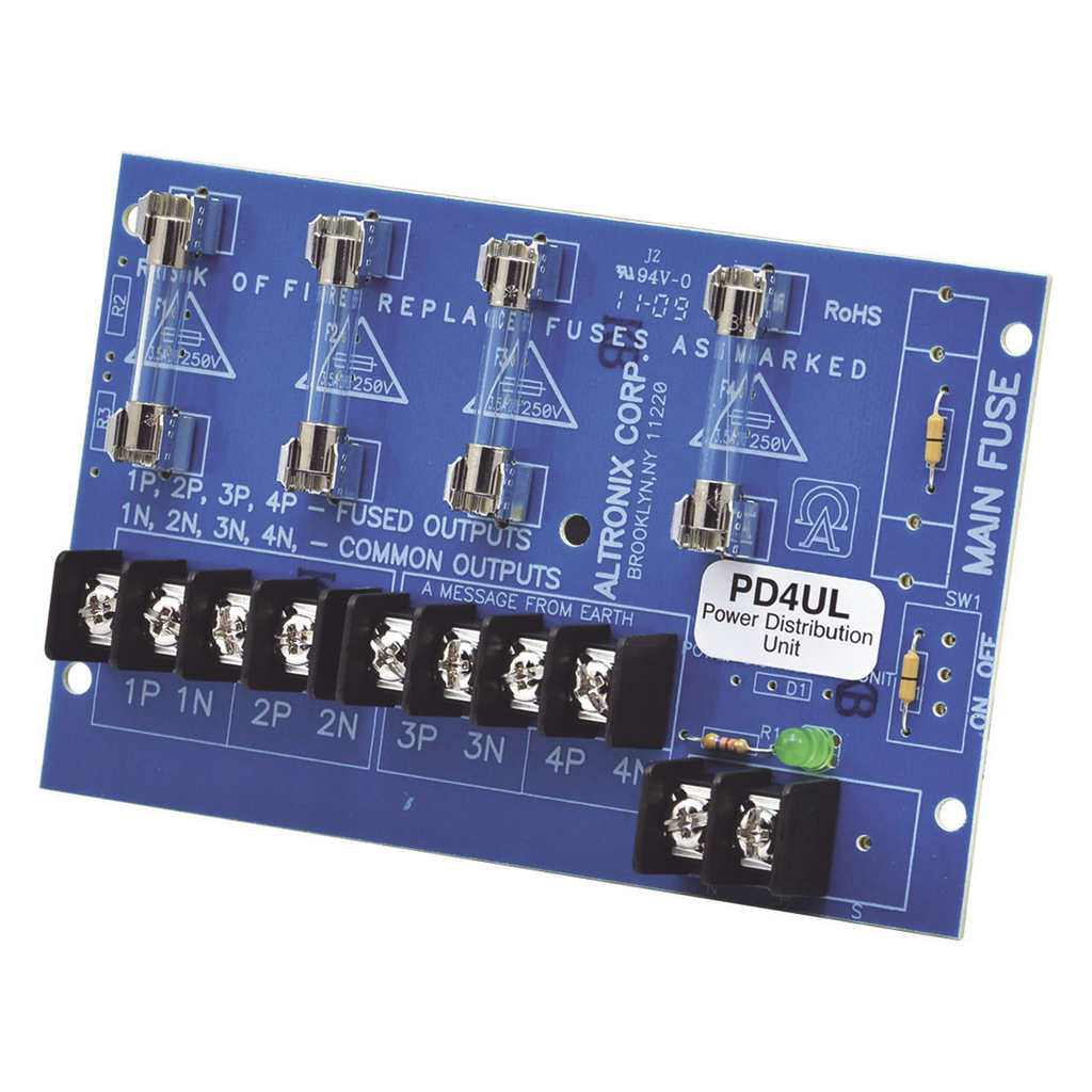 Módulo de distribución / 4 entradas de 12 o 24 Vcc hasta 10 A o 24 o 28 Vca hasta 12 A / 4 Salidas - ALTRONIX PD4UL