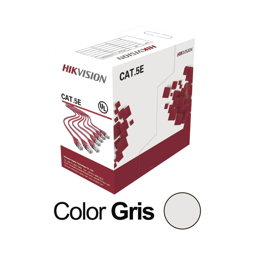 Bobina de Cable UTP 305 Metros (1000 Pies) / Cat5E (24 AWG) / Color Gris / PVC (CM) / Uso en Interior / 100% Cobre / Aplicaciones de CCTV y Redes de Datos - HIKVISION DS-1LN5E-S