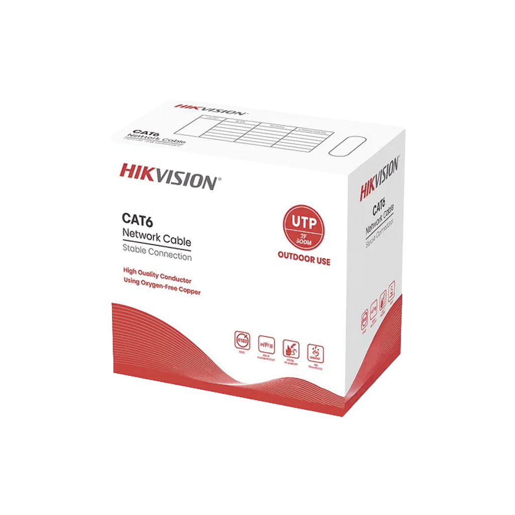 Bobina de Cable UTP 305 Metros (1000 Pies) / Cat 6 (24 AWG) / Color Negro / Uso en Exterior / 100% Cobre / Aplicaciones de CCTV y Redes de Datos - HIKVISION DS-1LN6OUTPE