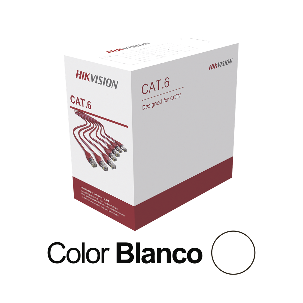 Bobina de Cable UTP 305 Metros (1000 Pies) / Cat 6 (24 AWG) / Color Blanco / PVC (CM) / Uso en Interior / CCA (Cobre con Aluminio) / Aplicaciones de CCTV y Redes de Datos - HIKVISION DS-1LN6U-W-CCA