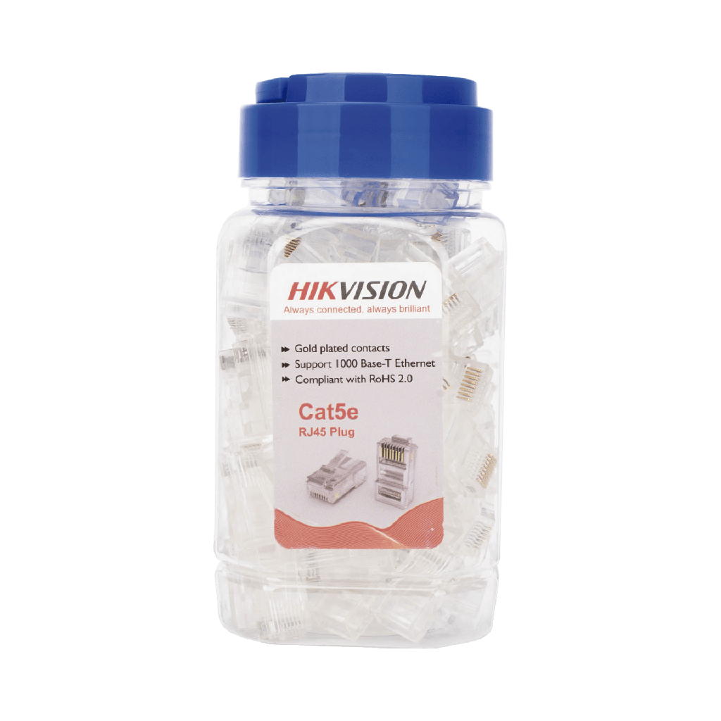 Bote con 100 Piezas de Plug Modular RJ45 / Cat 5e / Chapado en Oro a 15 Micras / Sin Blindaje / Facil Instalación / Uso Interior / Soporta Norma TIA-568B / Cumple con RoHS 2.0 - HIKVISION DS-1M5EUA-15U