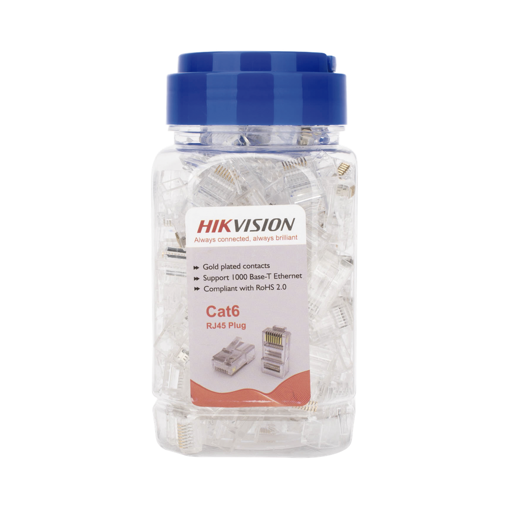 Bote con 100 Piezas de Plug Modular RJ45 / Cat 6 / Chapado en Oro a 30 Micras / Sin Blindaje / Fácil Instalación / Uso Interior / Soporta Norma TIA-568B / Cumple con RoHS 2.0 - HIKVISION DS-1M6UA-30U